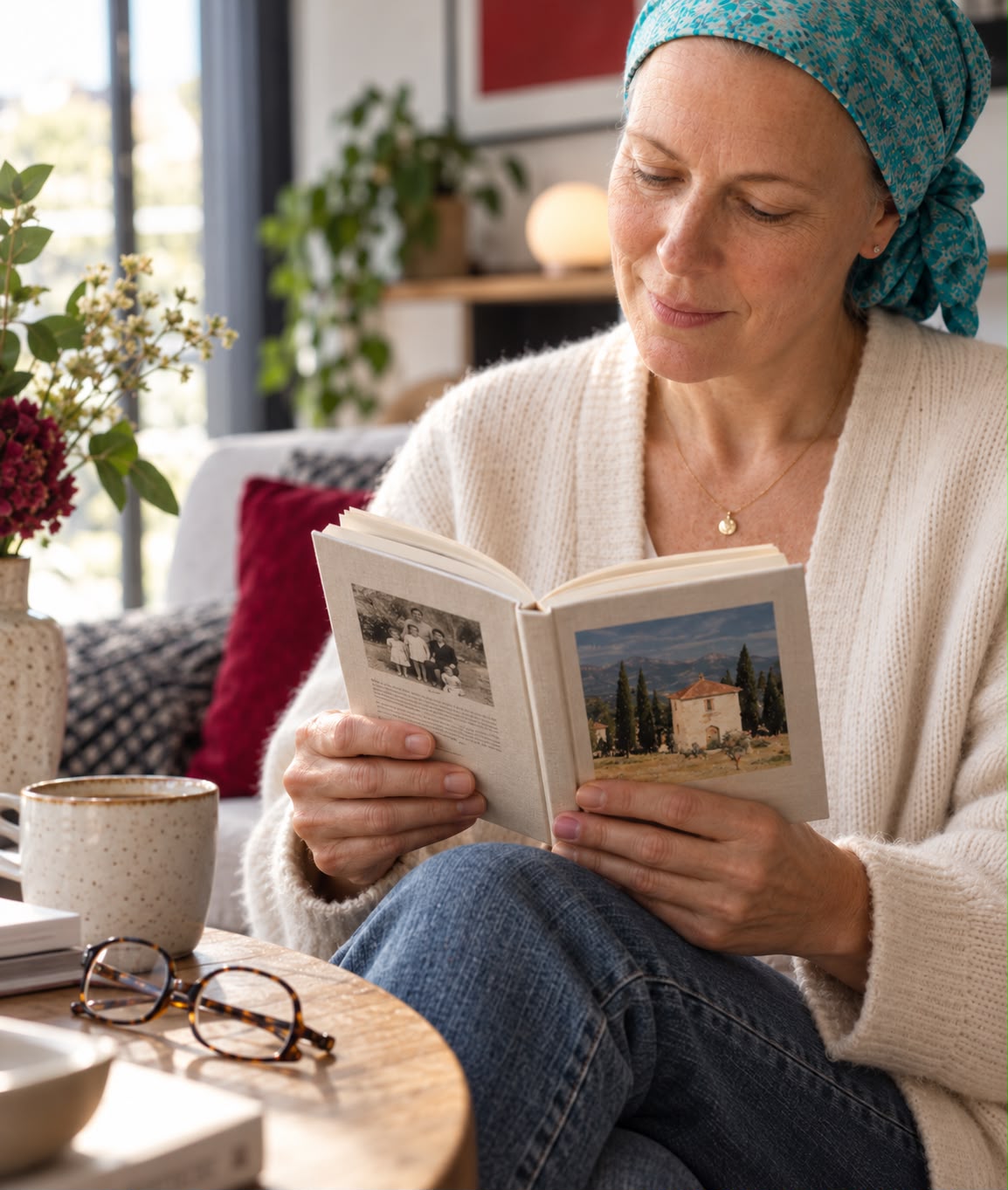Frau liest in ihrem eigenen Buch
