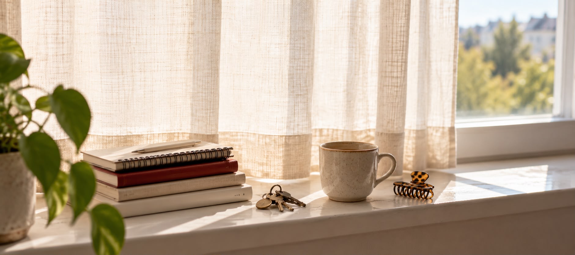 Notizhefte, Tasse und Schlüssel auf einer Fensterbank im Gegenlicht