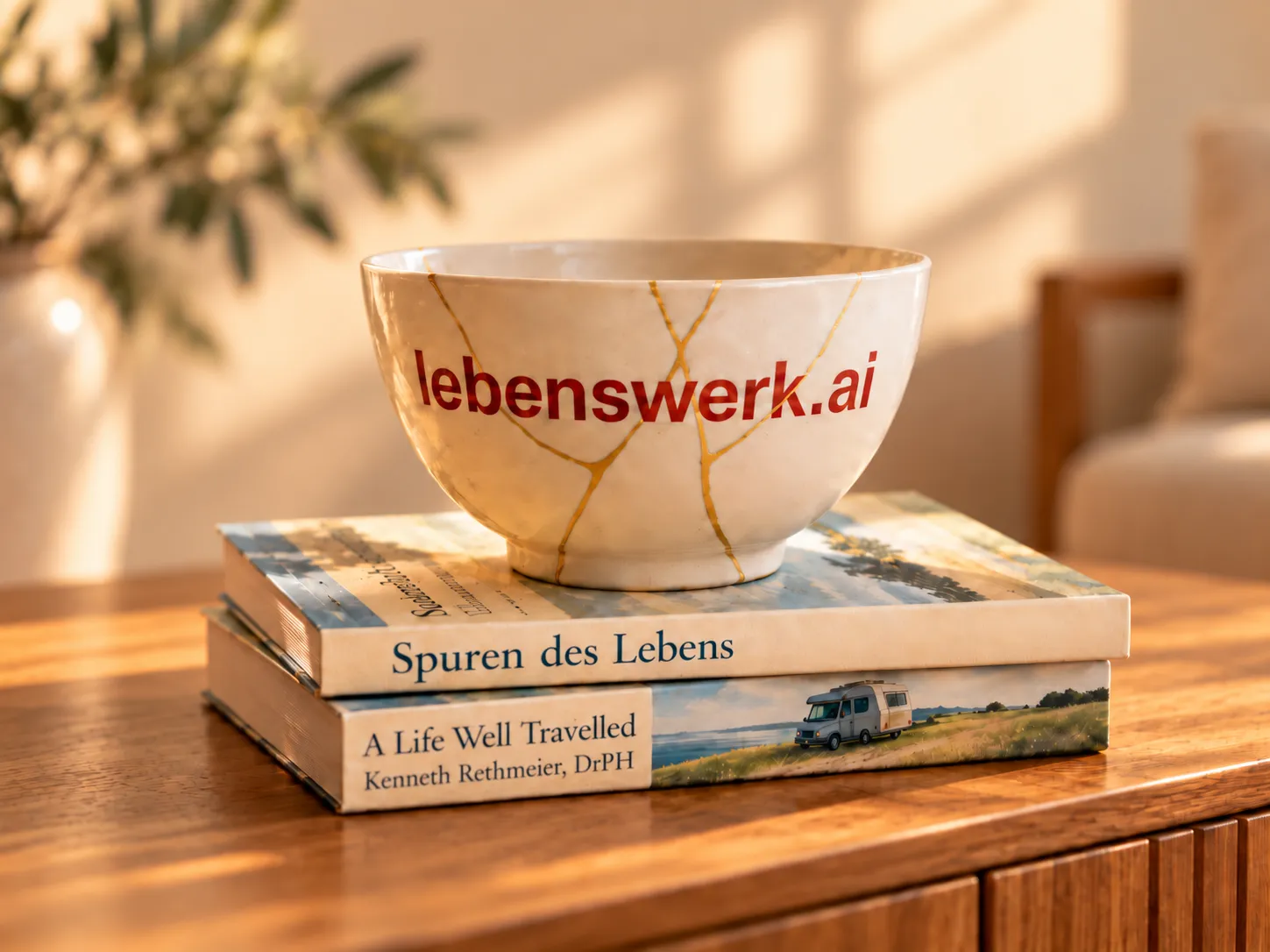 Weiße Kintsugi-Schale mit goldenen Nähten auf zwei gedruckten Lebensbüchern