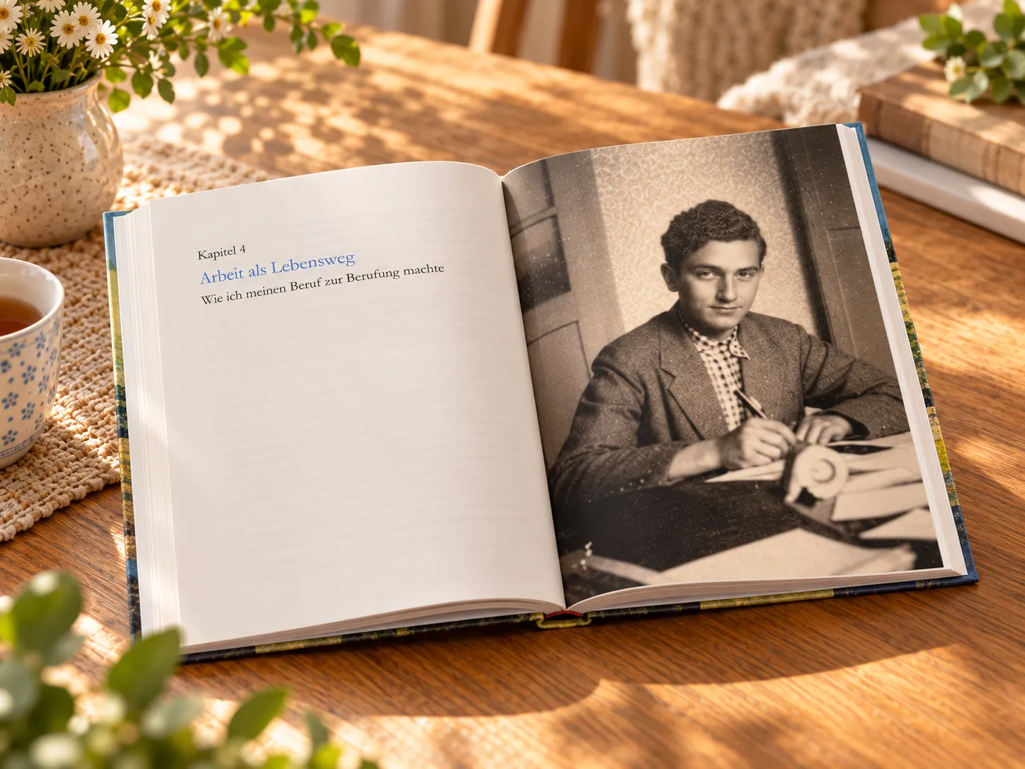 aufgeschlagene Buchinnenseite mit Text und eingebundenem Familienfoto