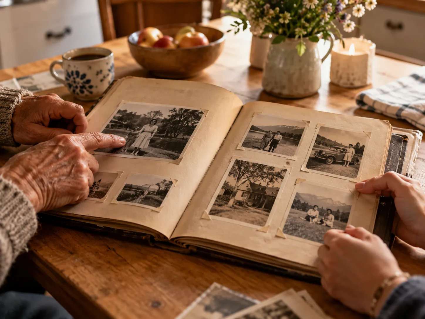 Hände blättern in einem Fotoalbum am Küchentisch