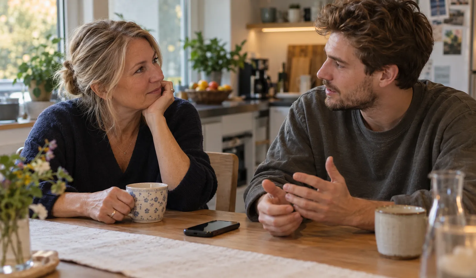 Mutter und erwachsener Sohn am Küchentisch, ein Smartphone zwischen den Kaffeetassen